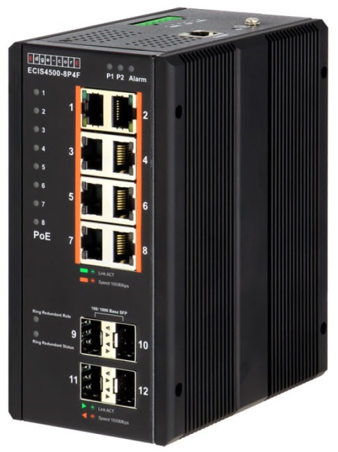 Комутатор Edge-core ECIS4500-8P4F (індустріальний L2, 8x10/100/1000Base-T PoE + 4xSFP 1G, 240W)