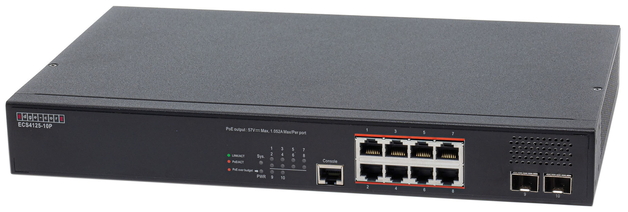 Комутатор Edge-core ECS4125-10P L2+, 8 × 1G/2.5G RJ45, 2 × 10G SFP+ Ports, 240W 802.3af/at/bt PoE