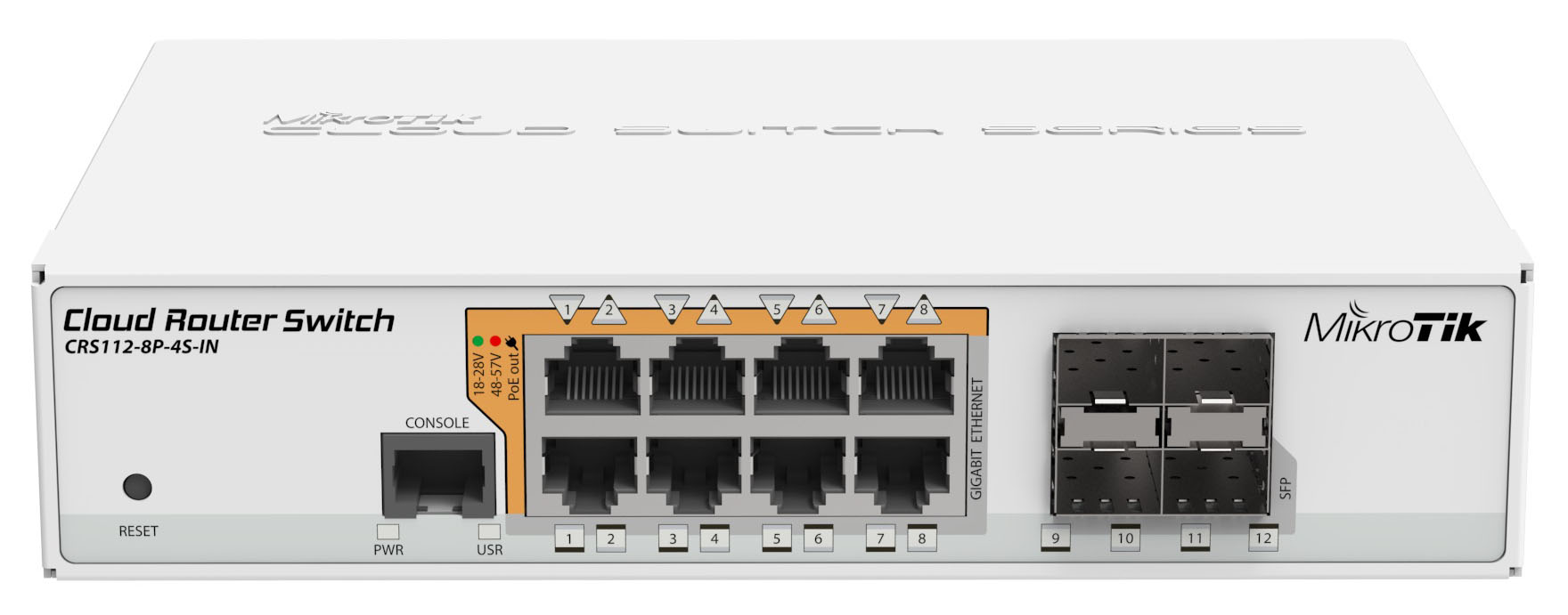Комутатор керований MikroTik CRS112-8P-4S-IN (QCA8511 400 MHz, 128 MB RAM, (8) 10/100/1000)