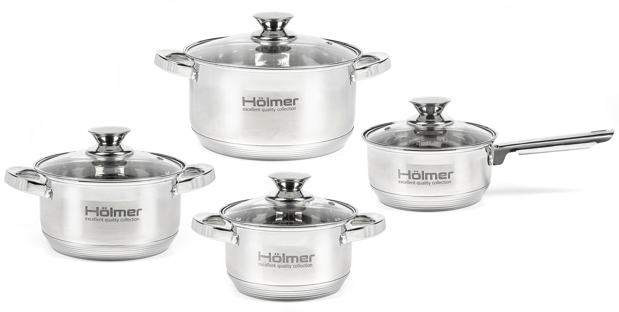Набір посуду Hölmer CS-1851-SS (3 каструлі з кришкою 1,5л/2л/2,7л, ківш з кришкою 1,5л)