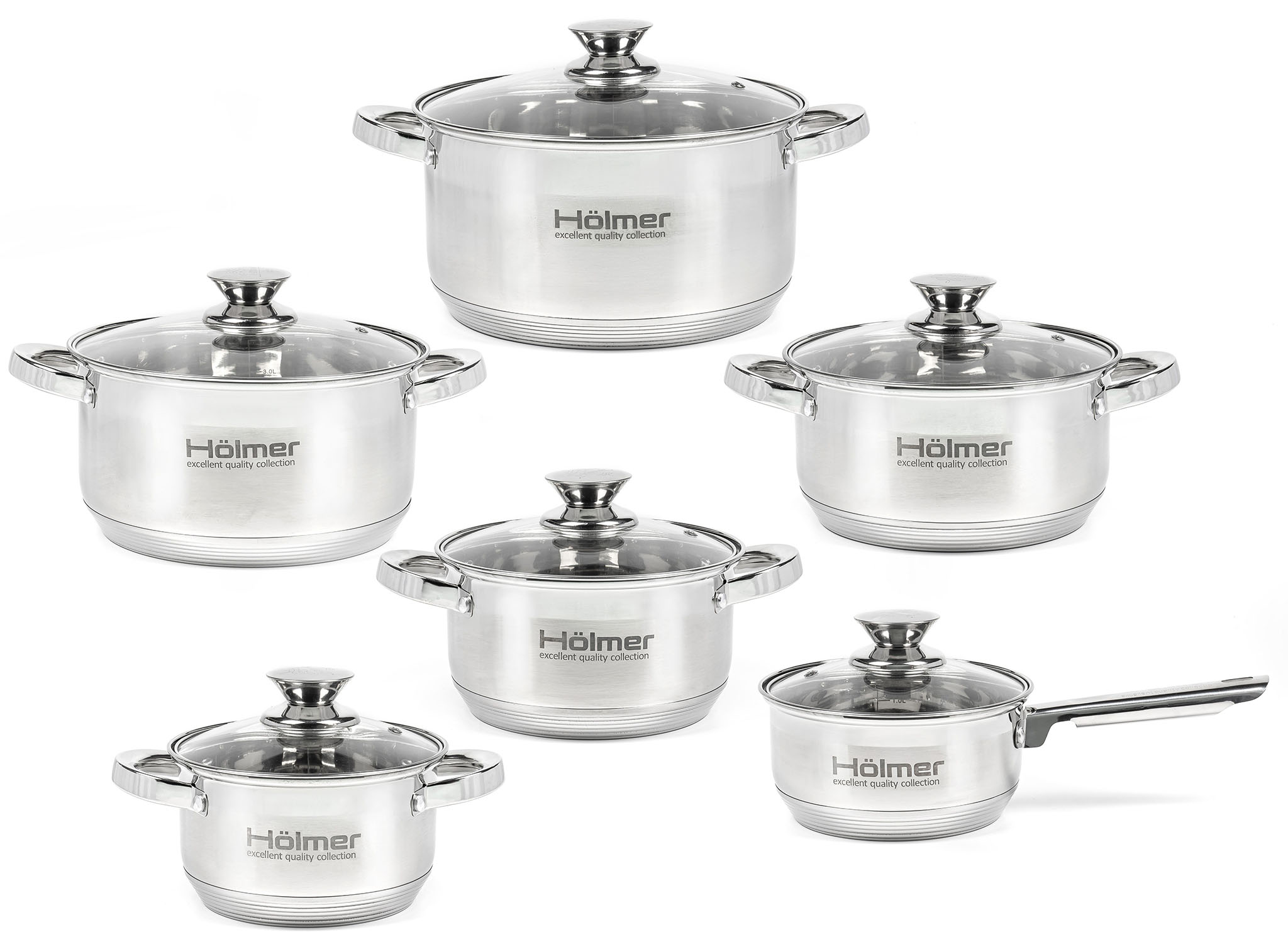 Набір посуду Hölmer CS-11252-SS (5 каструль з кришкою 2л/2,7л/3,8л/5л/6л, ківш з кришкою 1,5л)