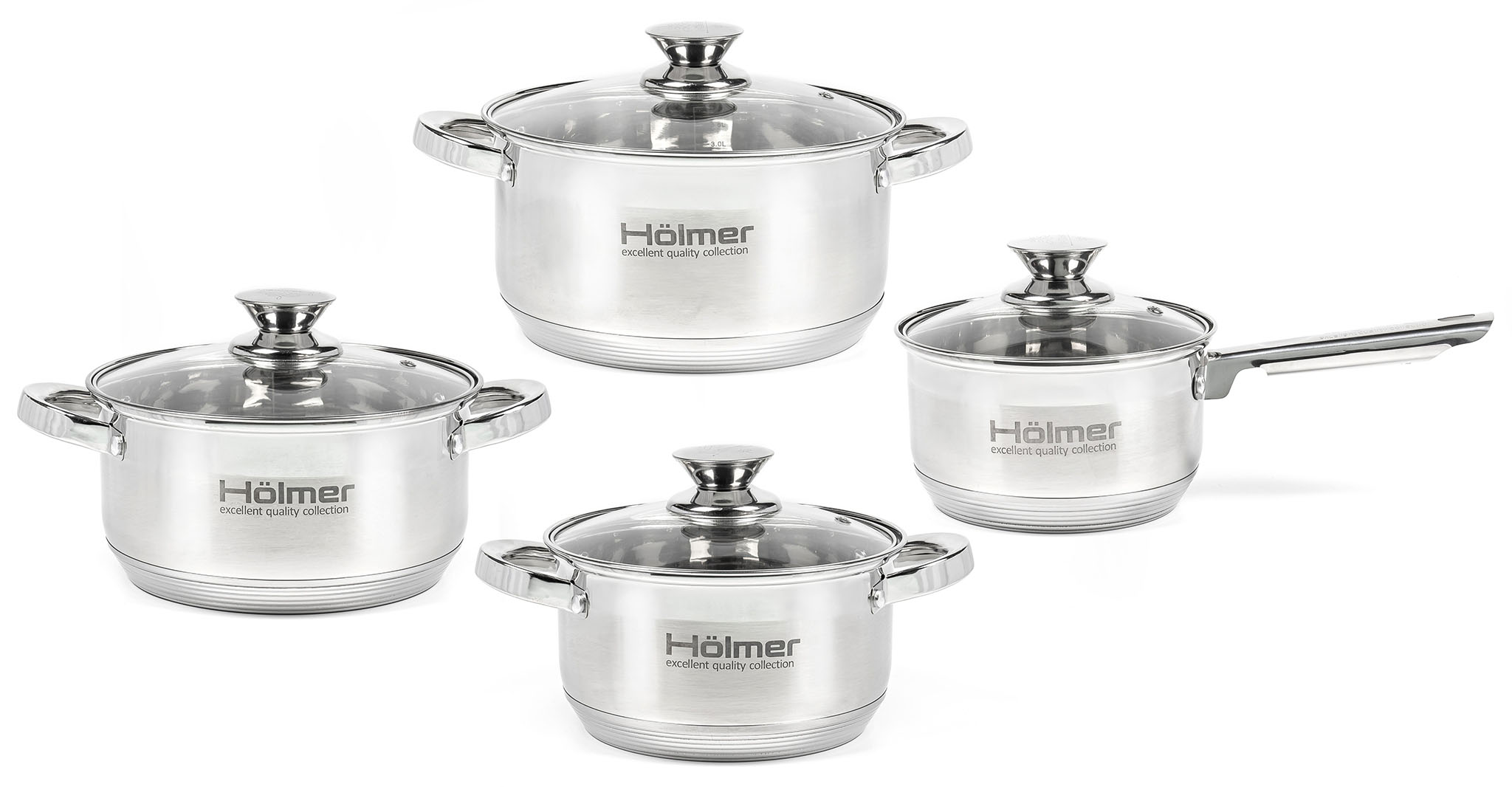 Набір посуду Hölmer CS-1852-SS (3 каструлі з кришкою 2,7л/3,8л/5л, ківш з кришкою 2л)